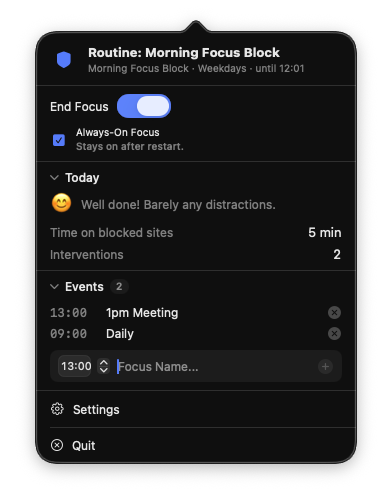 Menu bar popover Always-On Focus