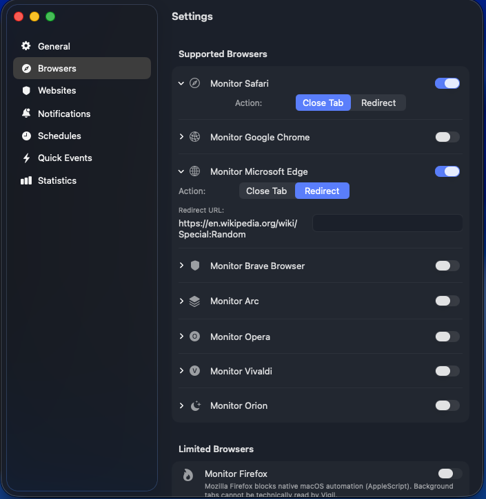 Vigil Einstellungen: Browser-Tab mit Close Tab und Redirect