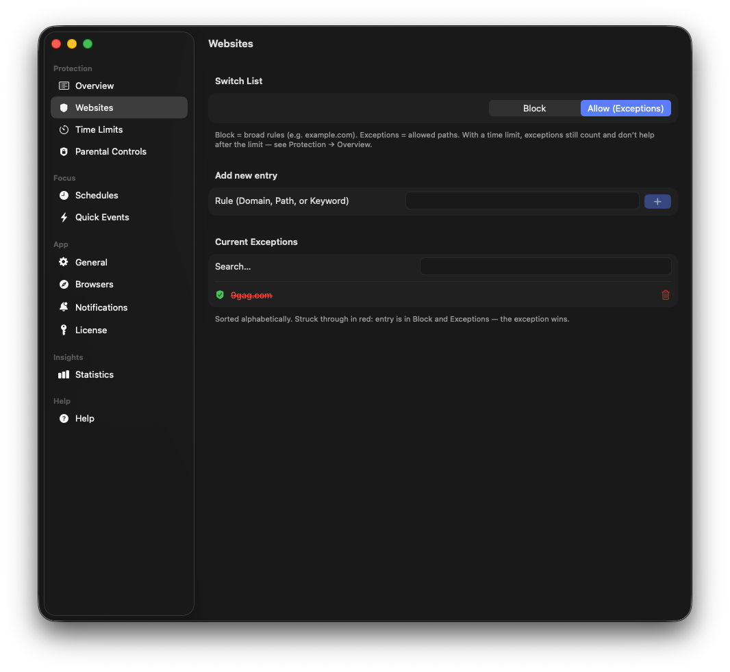 Websites exceptions