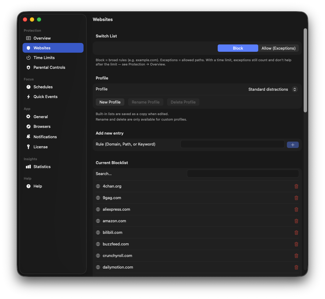 Websites blocklist