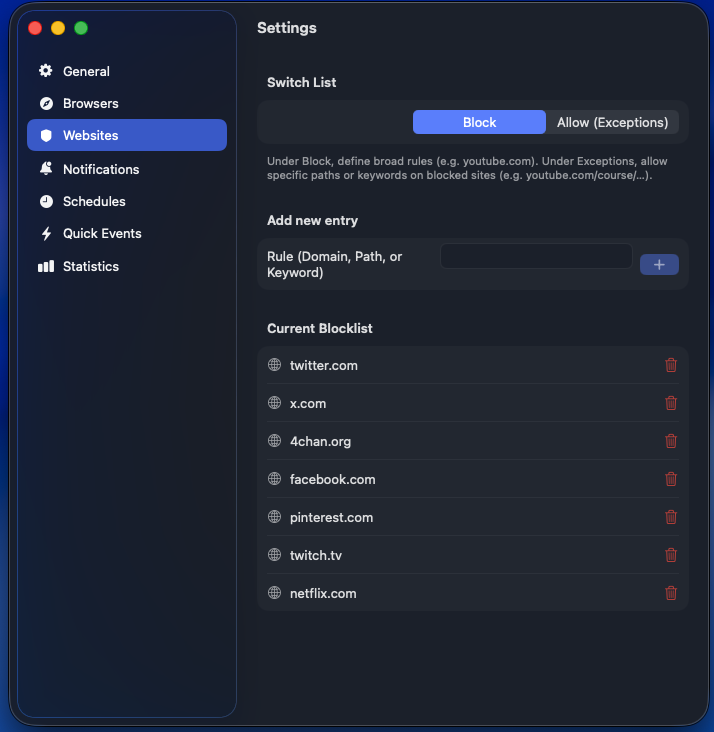 Vigil Einstellungen: Websites-Tab mit Sperrliste